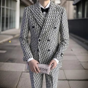 Printed Letter Men Suits Slim Fit Double Breasted Groom .