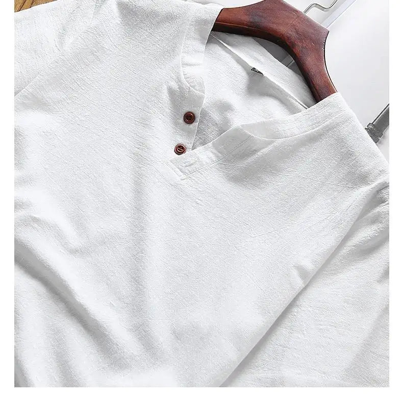 Two Piece Set Men Summer Vintage Simple Casual V Neck Short Sleeve Cotton Linen T Shirt Vacation Solid Loose Beach Shorts Ropa