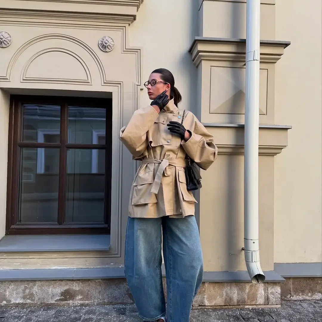 Single Breasted Khaki Belt Trench Coat Women.