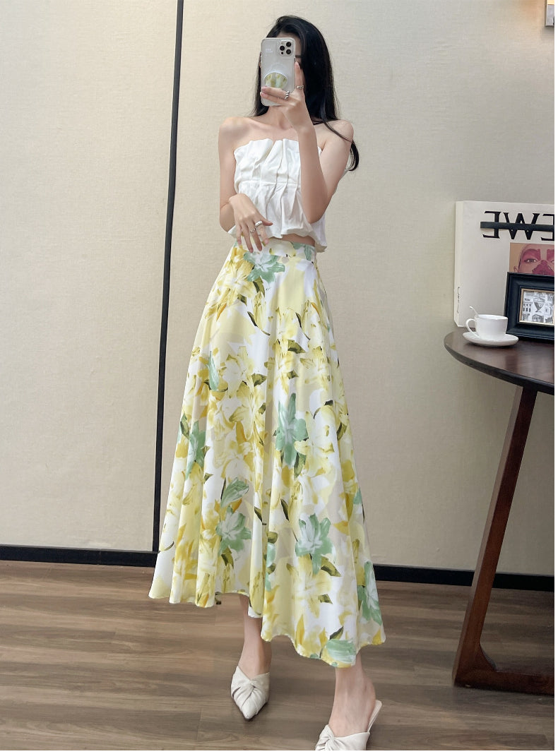 Summer High Waist Women Skirts Casual Floral Printed Chiffon.
