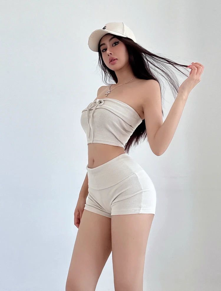 Summer Spicy Girl Casual Lace Up Bra Flip Waist Shorts Two Piece Fashion Set Fashion Casual Women Shorts Set 2024 New TX7C