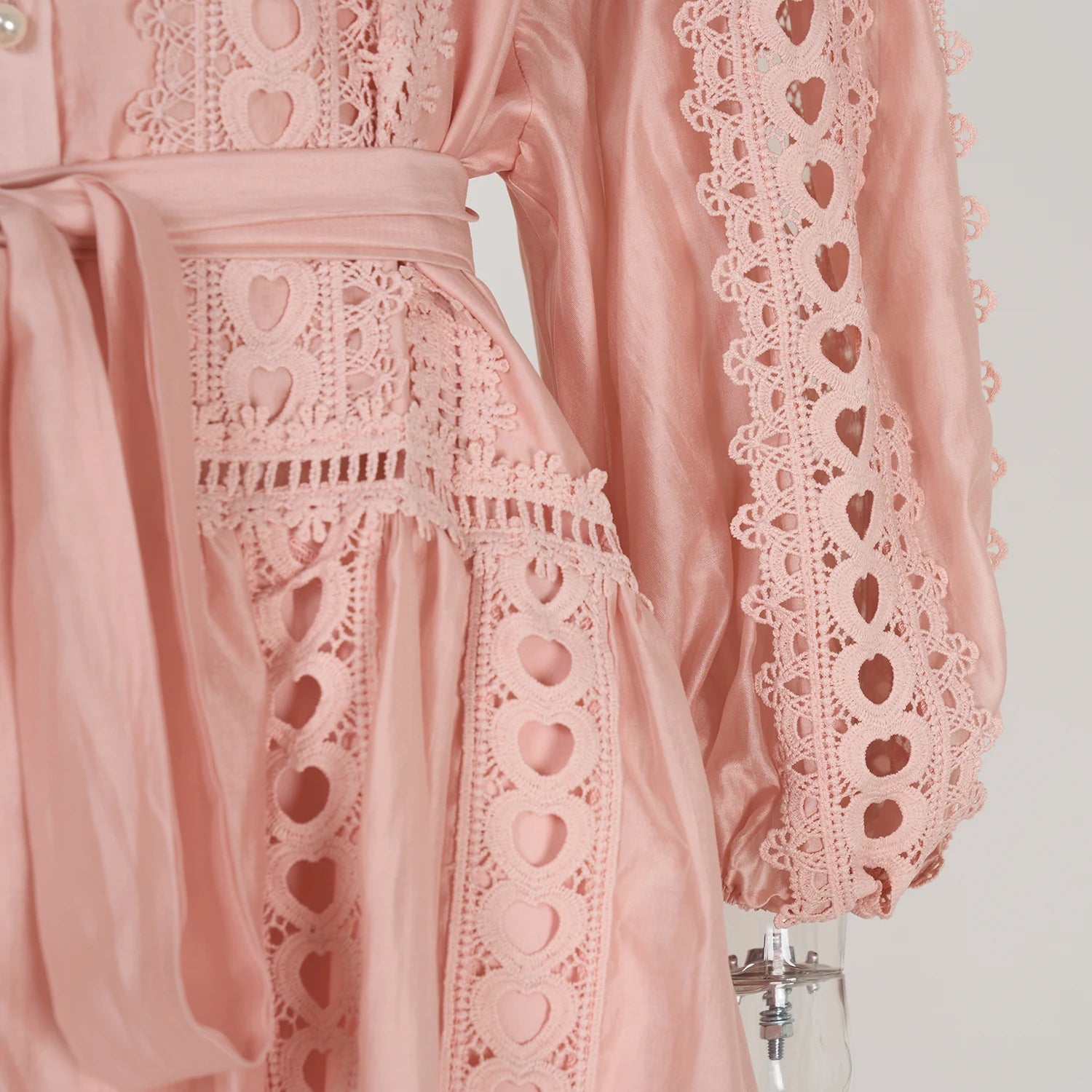 Spring Summer Embroidery Lace Stitching Hollow Out Midi Dress Women's Stand Collar Single Breasted Belt Loose Party Vestidos