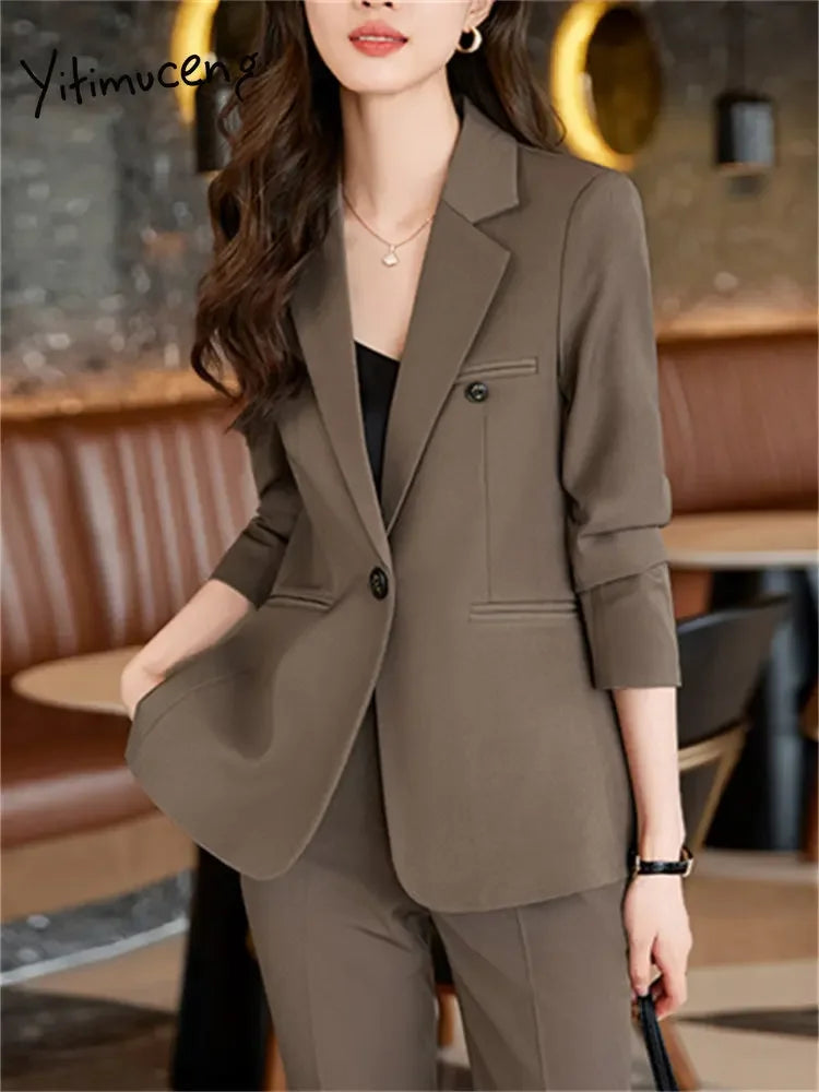 Office Lady Single Button Blazer Chic High Waisted Pants 2 Piece Set.