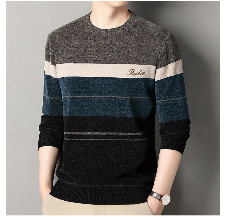Mens Fashion Striped Sweater Round Neck Pullover Fleece.