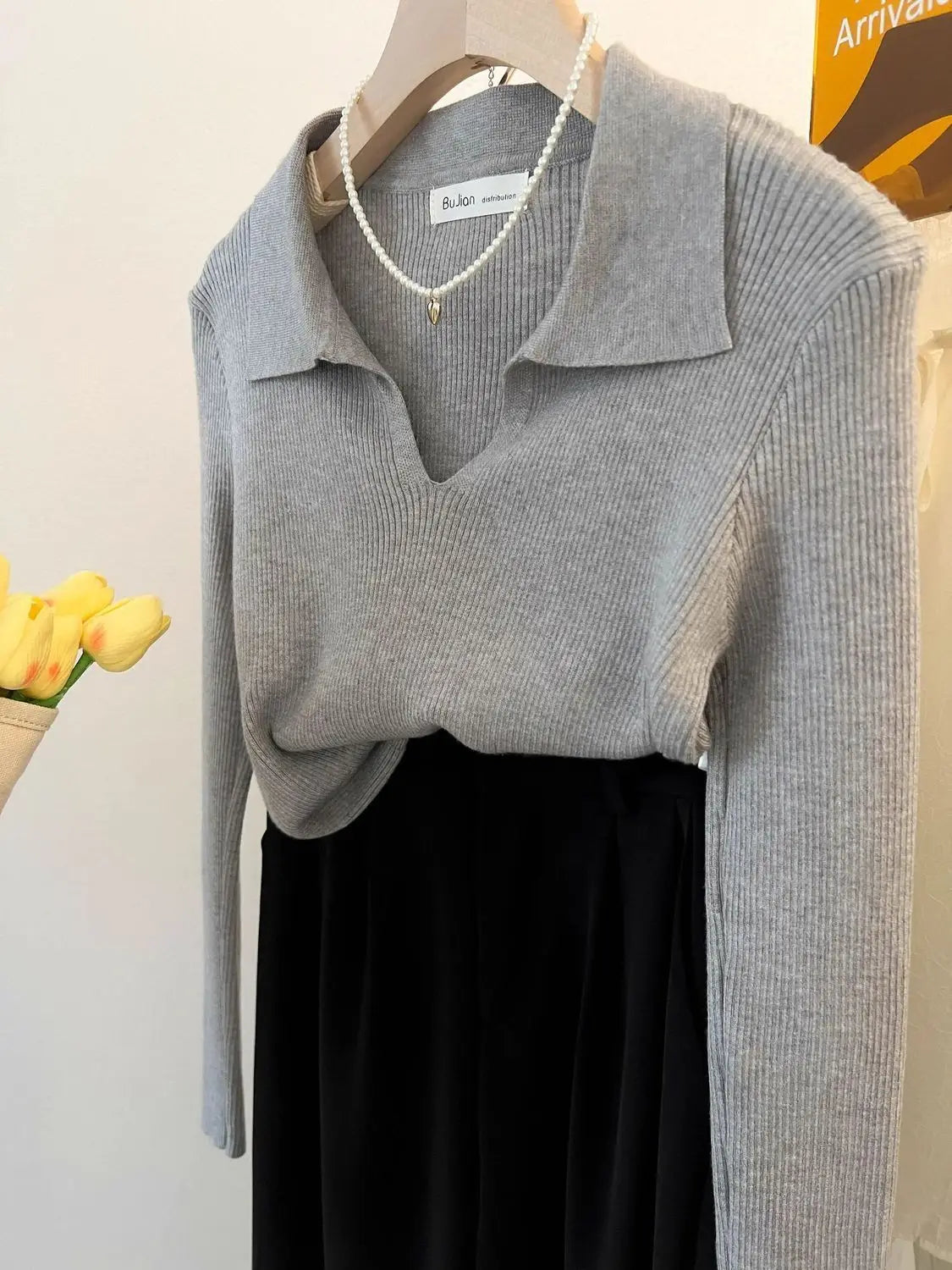 Women Clothing Vintage Fashion Solid Turn-down Collar Pullovers.