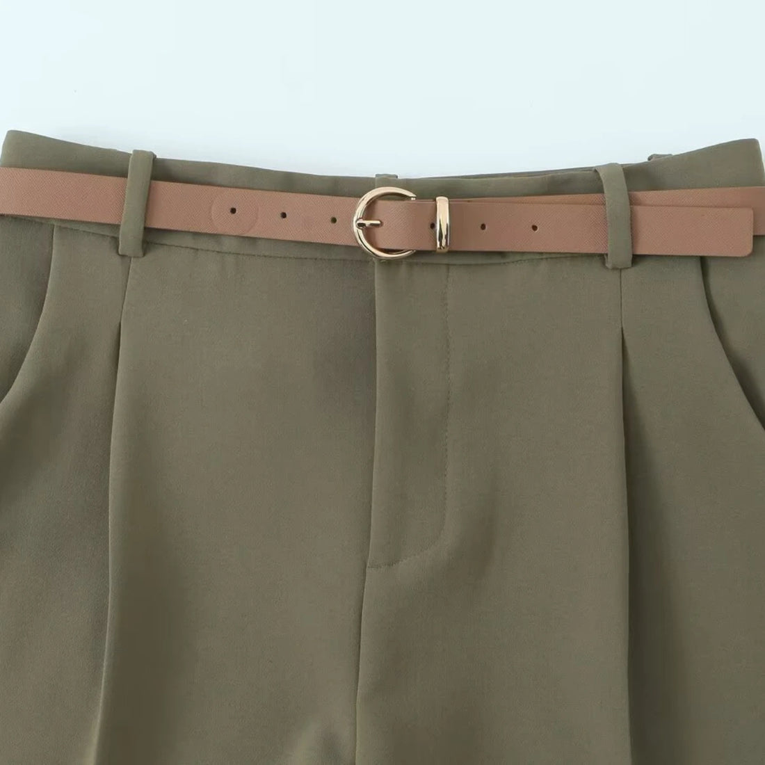 ZBZA Women's Belted Pleated Trousers High Waist Side Pockets .