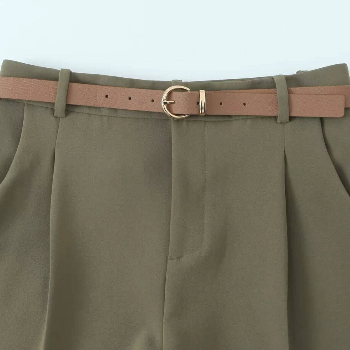 ZBZA Women's Belted Pleated Trousers High Waist Side Pockets .