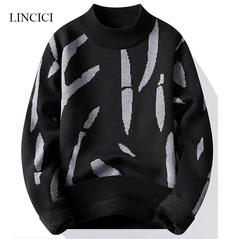 2024 M-4XL Autumn/Winter New Men's Sweater Half High Collar Zebra Pattern Color Blocked Velvet Knitted Sweater Warm Hoodie Top