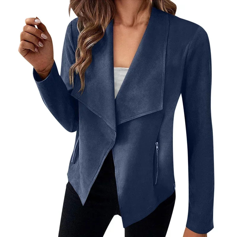 Women's Suit Jacket Solid Suede Lapel Zipper Pocket .