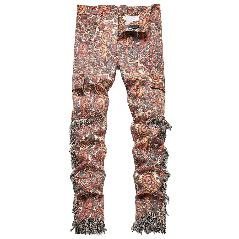 Men Bandana Print Pants Plus Size Multi Pockets Cargo Jeans .