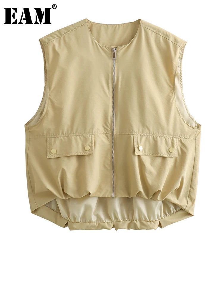 Women Yellow Pocket Irregular Big Size Casual Vest New V-collar.