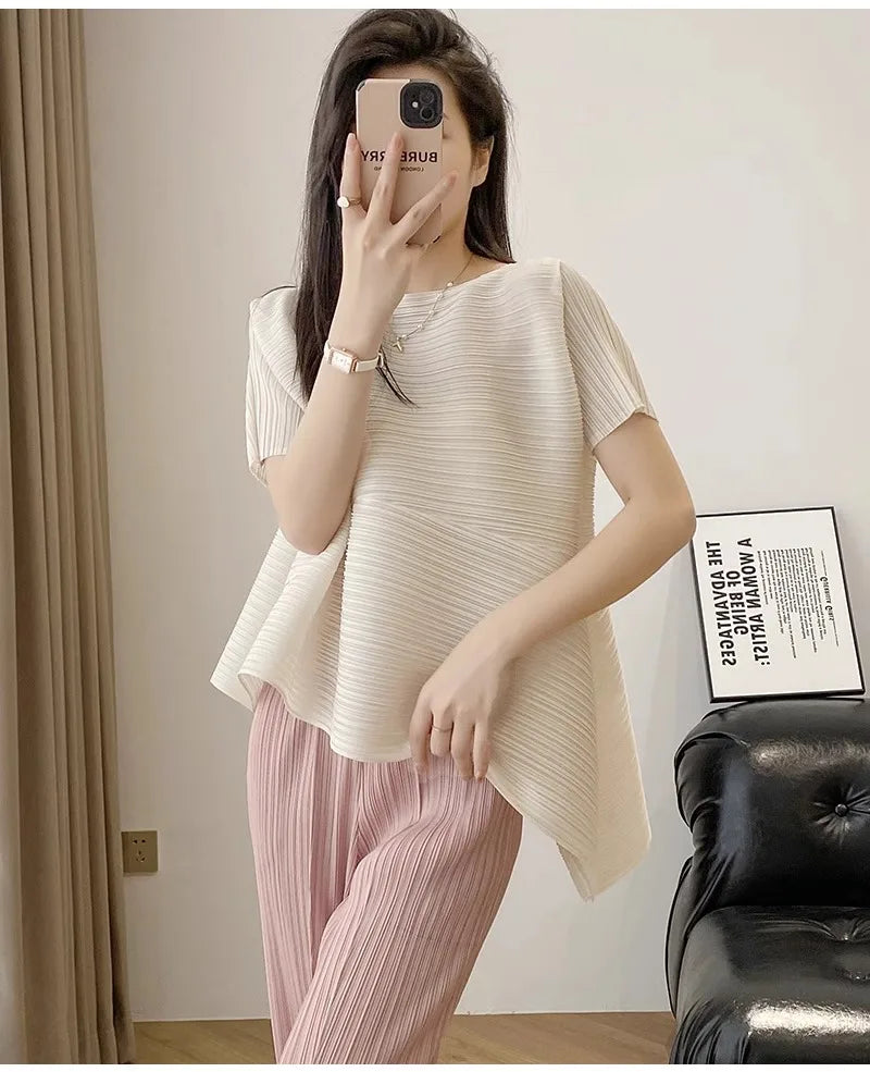 Miyake style pleated tops for women 2024 summer new high-end loose large size stretch fabric clothes temperament T-shirt