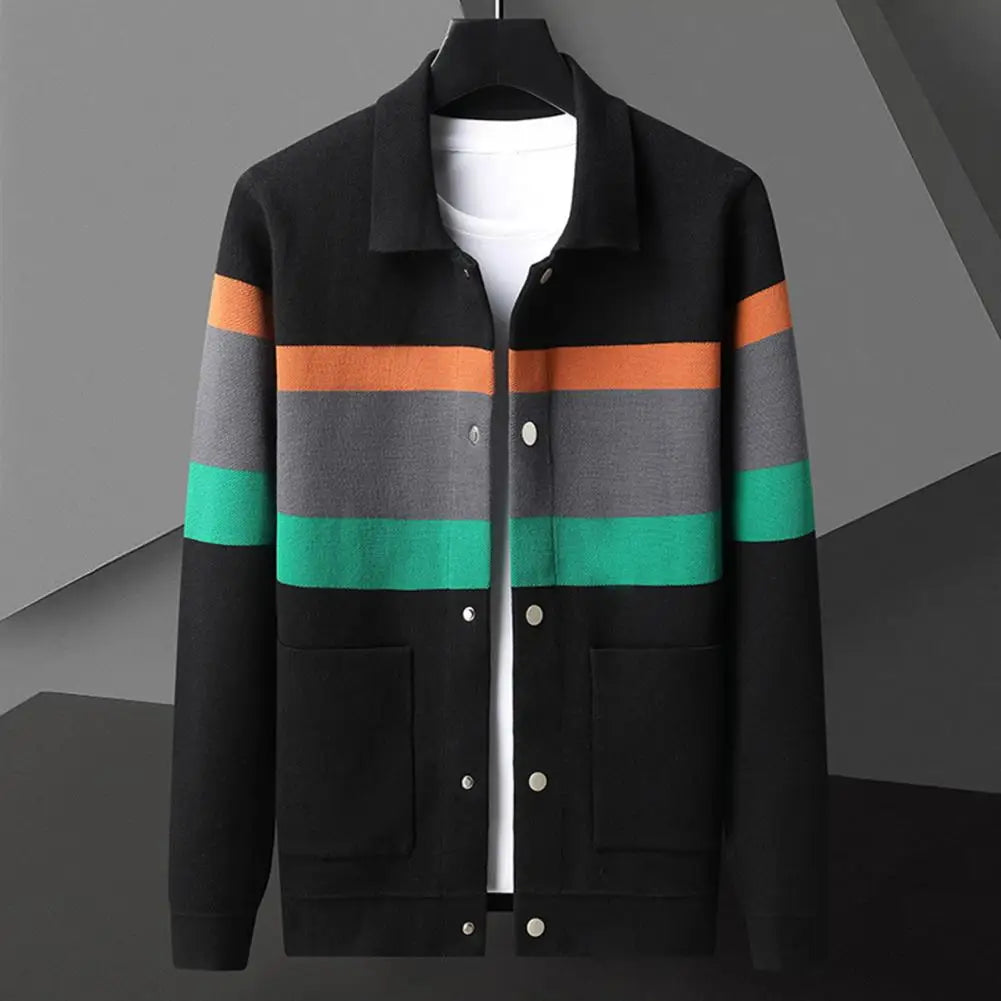 Fall Winter Men Cardigan Sweater Coloblock Turn-down.