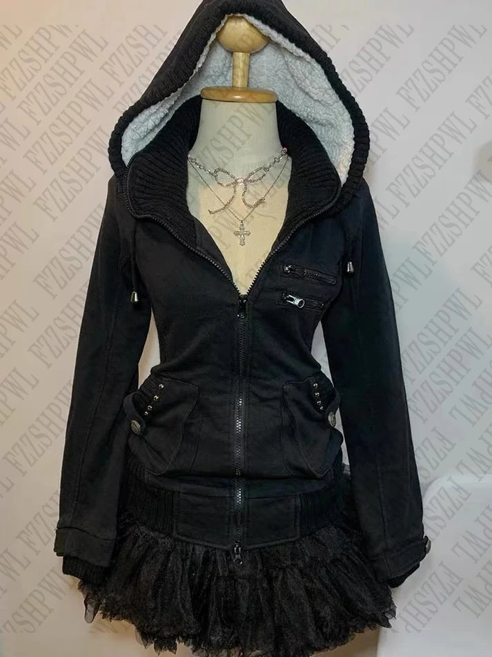 Winter riveted cool girl Gothic zipper hoodie coat  cardigan jacket.