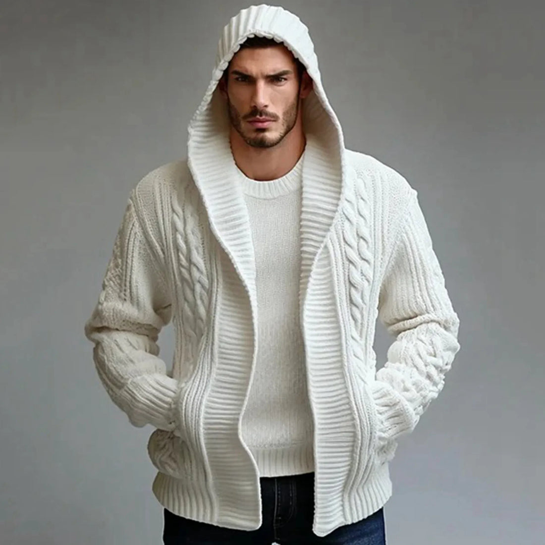 Men Cardigan Sweaters Hooded Coat Full Sleeve Solid Coats Casual .