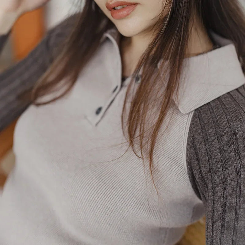 Maden Casual Spliced Knitted Sweater Button Slim Fit Bottoming Versatile Sweater .