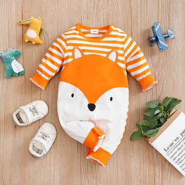 Boys And Girls Cute Cartoon Fox Printed Long Sleeve Baby Bodysuit.