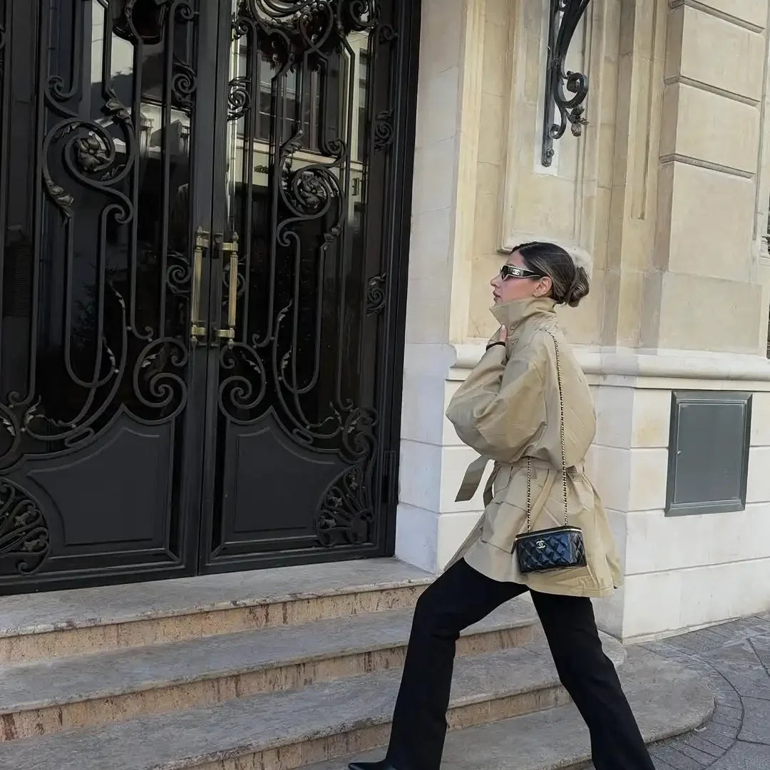 Single Breasted Khaki Belt Trench Coat Women.