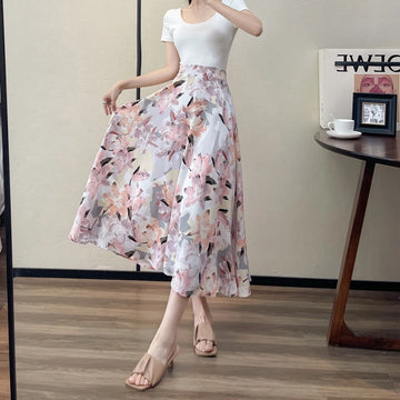Summer High Waist Women Skirts Casual Floral Printed Chiffon.