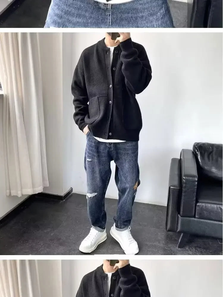 Japanese Style Men's Cardigan Sweater Knitted Top Round Neck Jacket.