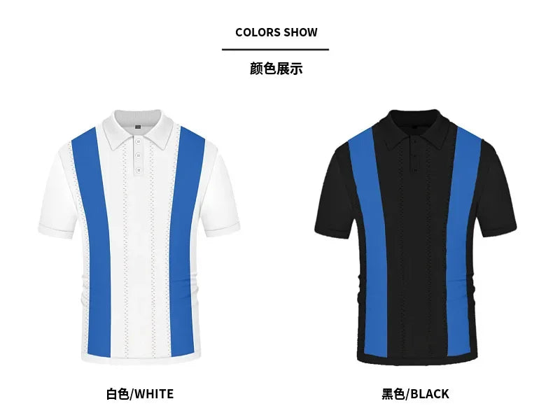 Men's Polo Shirts Vintage Striped Lightweight Knit Golf Shirts Classic Casual Short Sleeves Tops Male Business Social Shirt