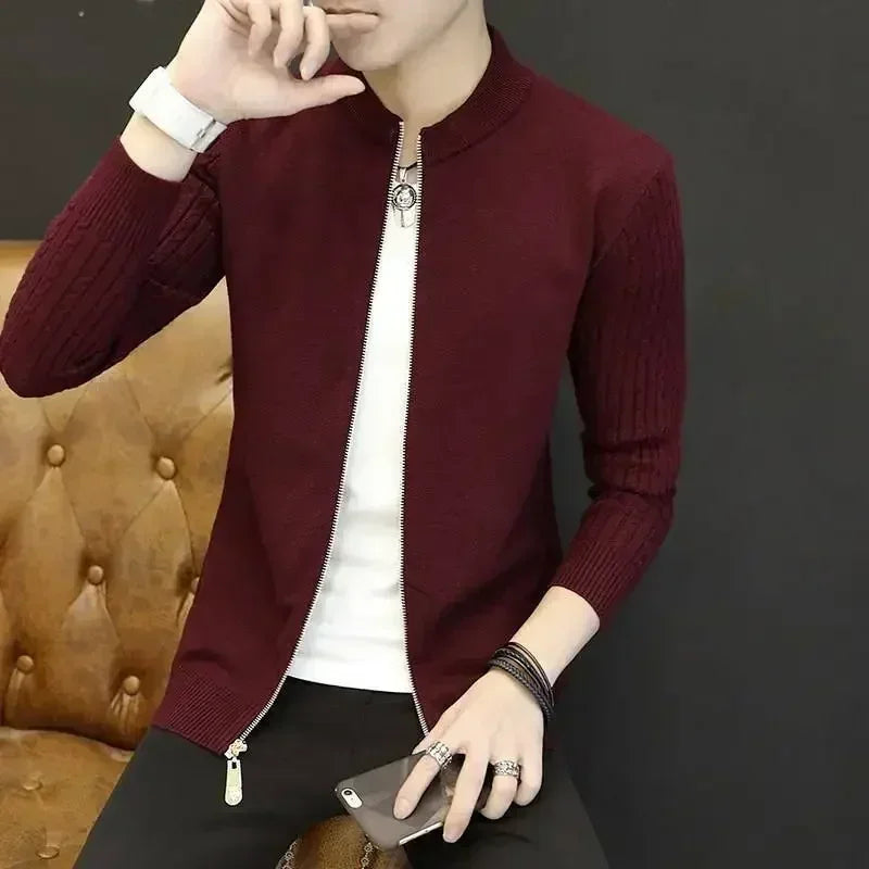 Knit Sweater Male Men's Clothing Cardigan Black Slim Fit Plain .