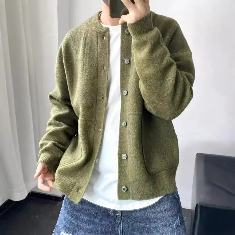 Japanese Style Men's Cardigan Sweater Knitted Top Round Neck Jacket.