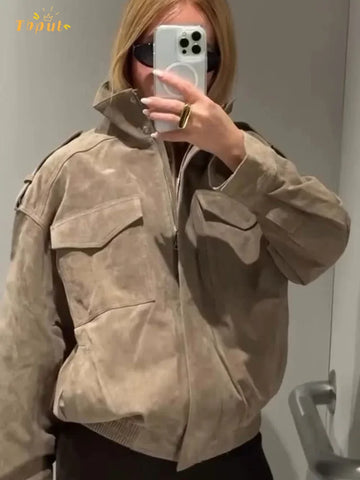 Solid Suede Zipper Cropped Jacket Women Casual Stand Collar .
