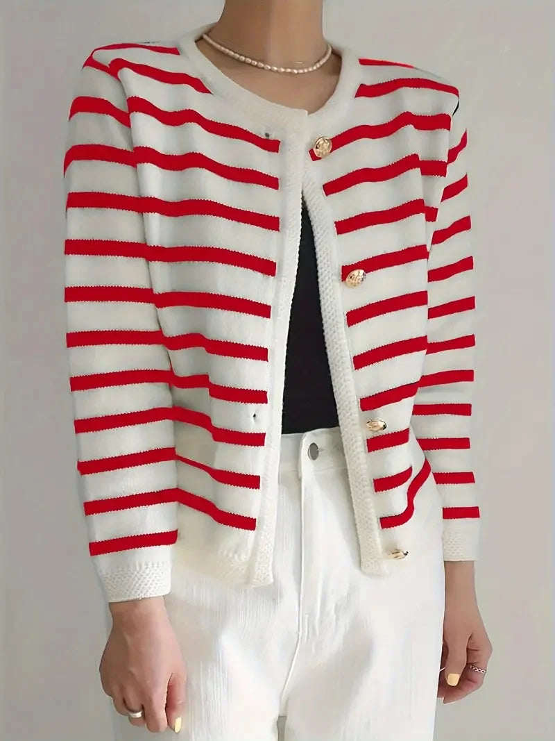 Chic Striped Cardigan Sweater Soft Long Sleeve Crew Neck Button.