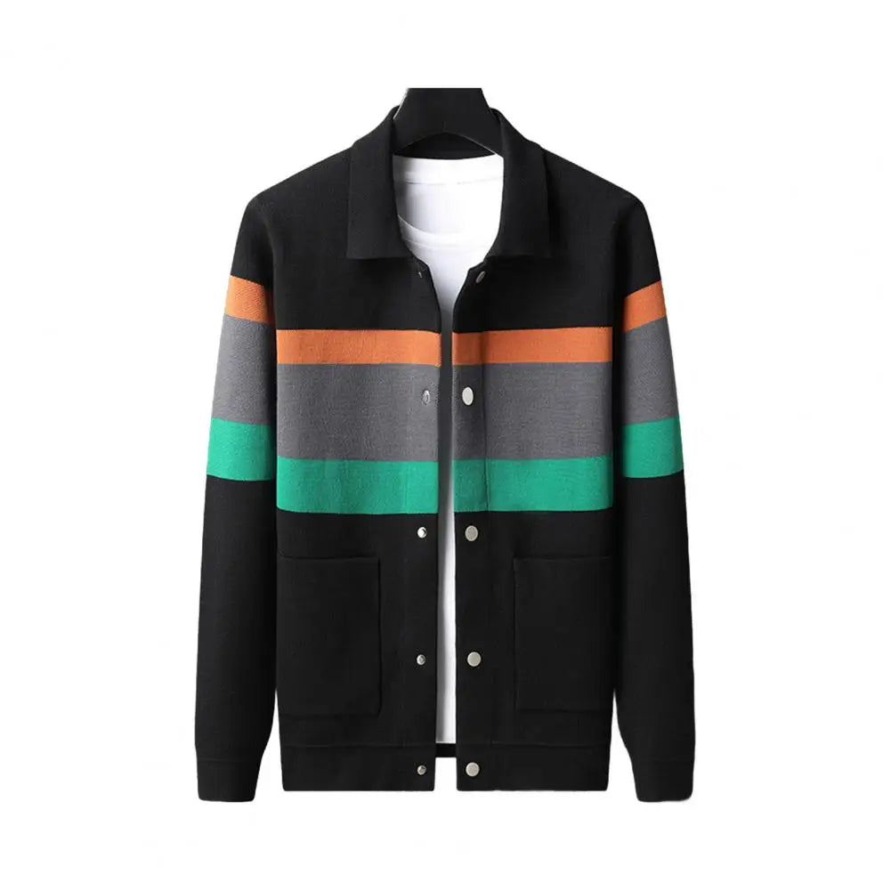 Fall Winter Men Cardigan Sweater Coloblock Turn-down.