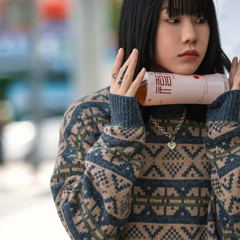 Japanese Style Knitted Sweater Couple Vintage Pullovers Causal Loose High Street Knitwears Men Jumpers Male Clothes