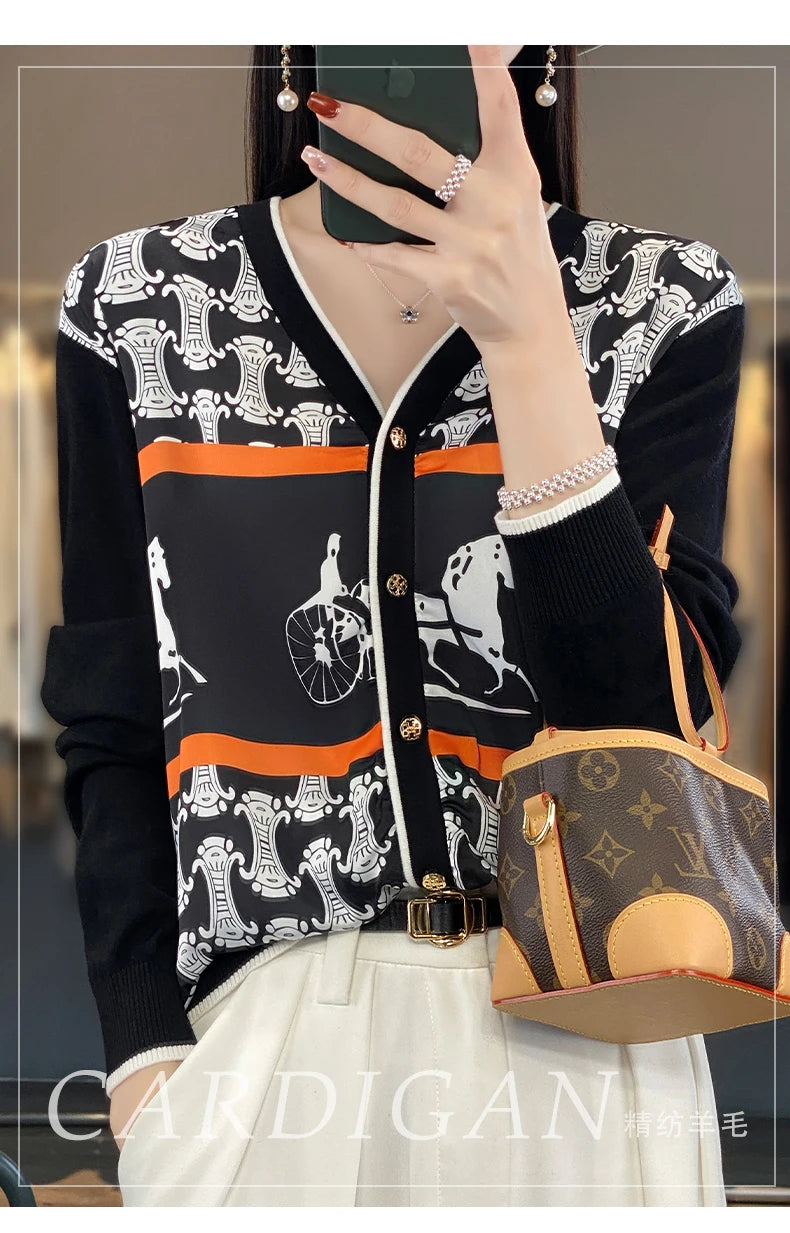 Spring and Autumn New Woven Wool Cardigan Women's V-neck.