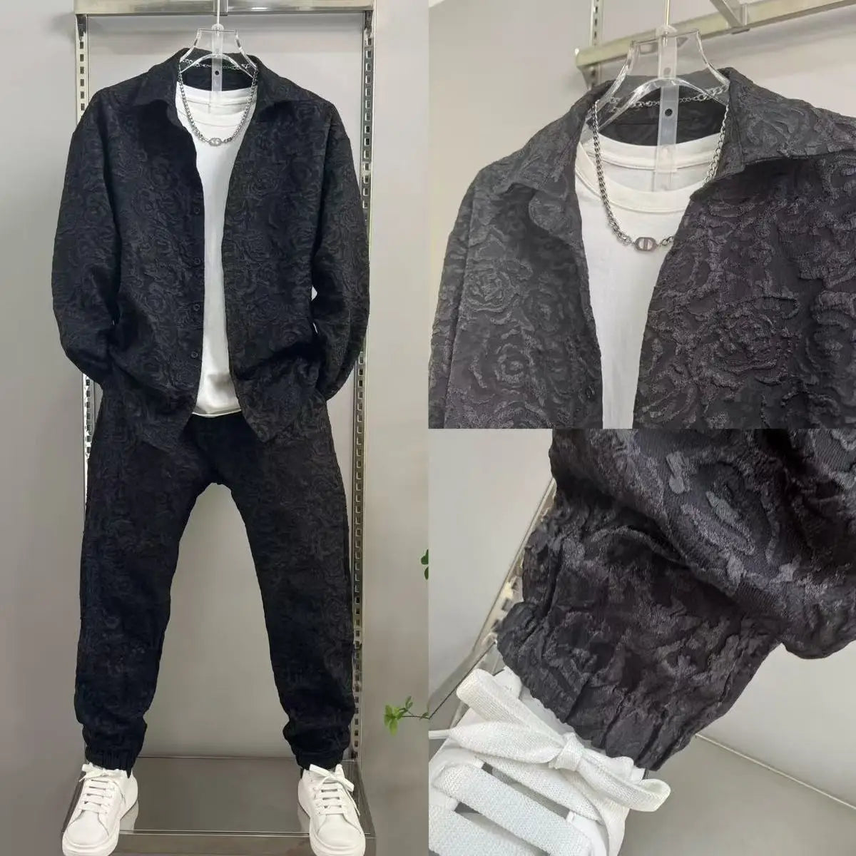 Men's Casual Suit Lapel Jacquard Shirt Trousers Two-piece Set .