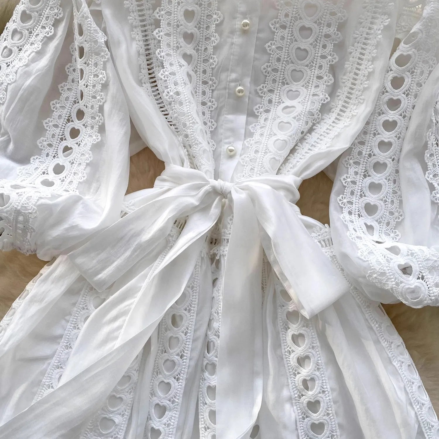 Spring Summer Embroidery Lace Stitching Hollow Out Midi Dress Women's Stand Collar Single Breasted Belt Loose Party Vestidos