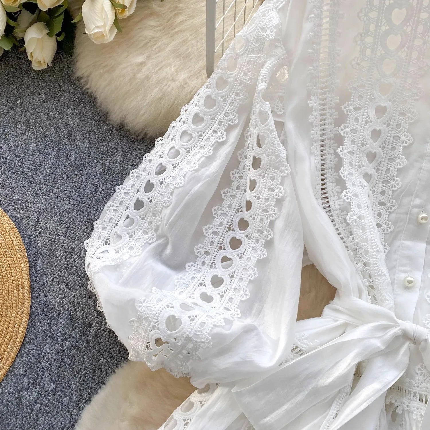 Spring Summer Embroidery Lace Stitching Hollow Out Midi Dress Women's Stand Collar Single Breasted Belt Loose Party Vestidos