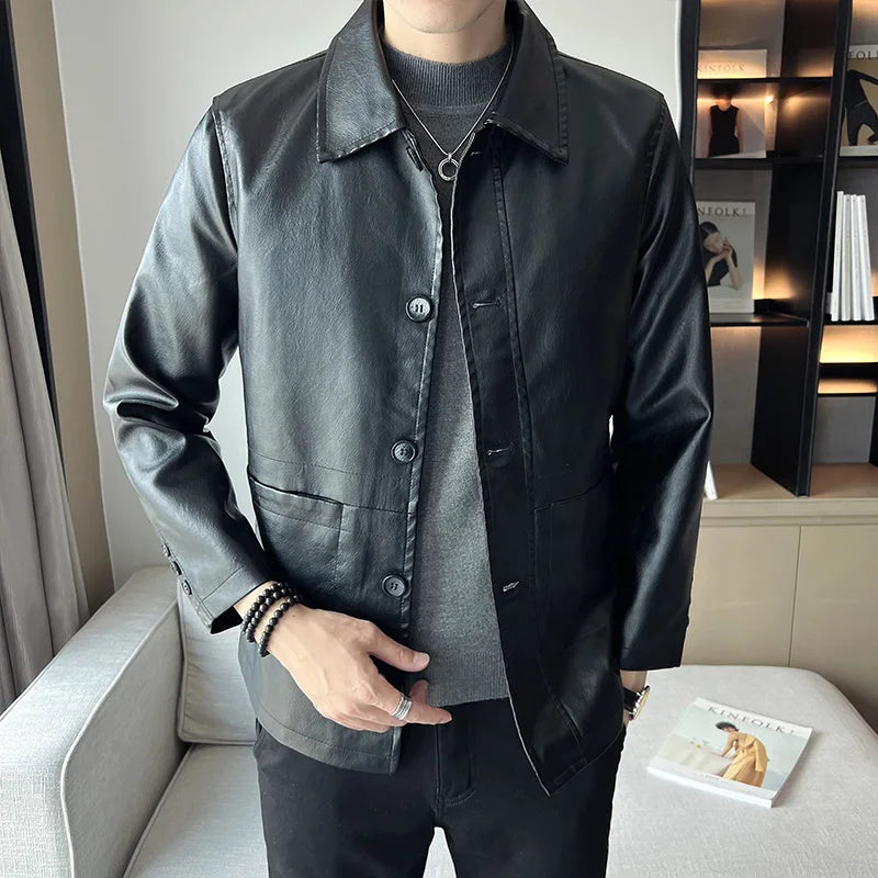 brand slim leather jacket coat Men Business Casual Autumn winter.