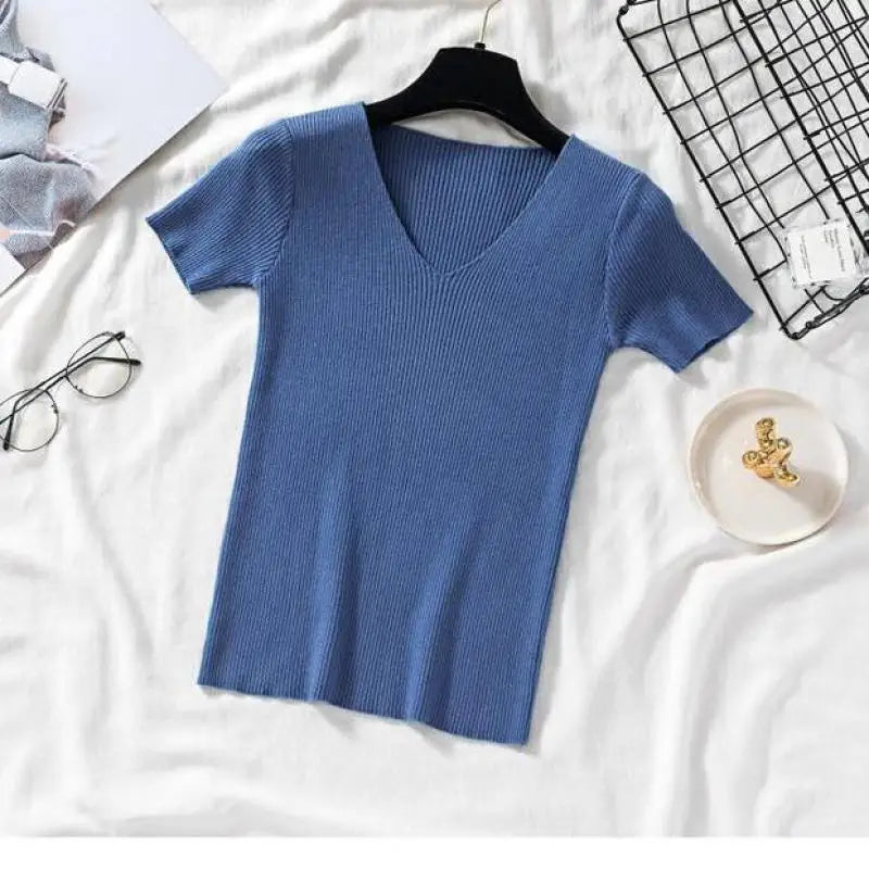 V-neck Solid Thin Summer Women Pullover Female Knitted Ribbed Sweater.