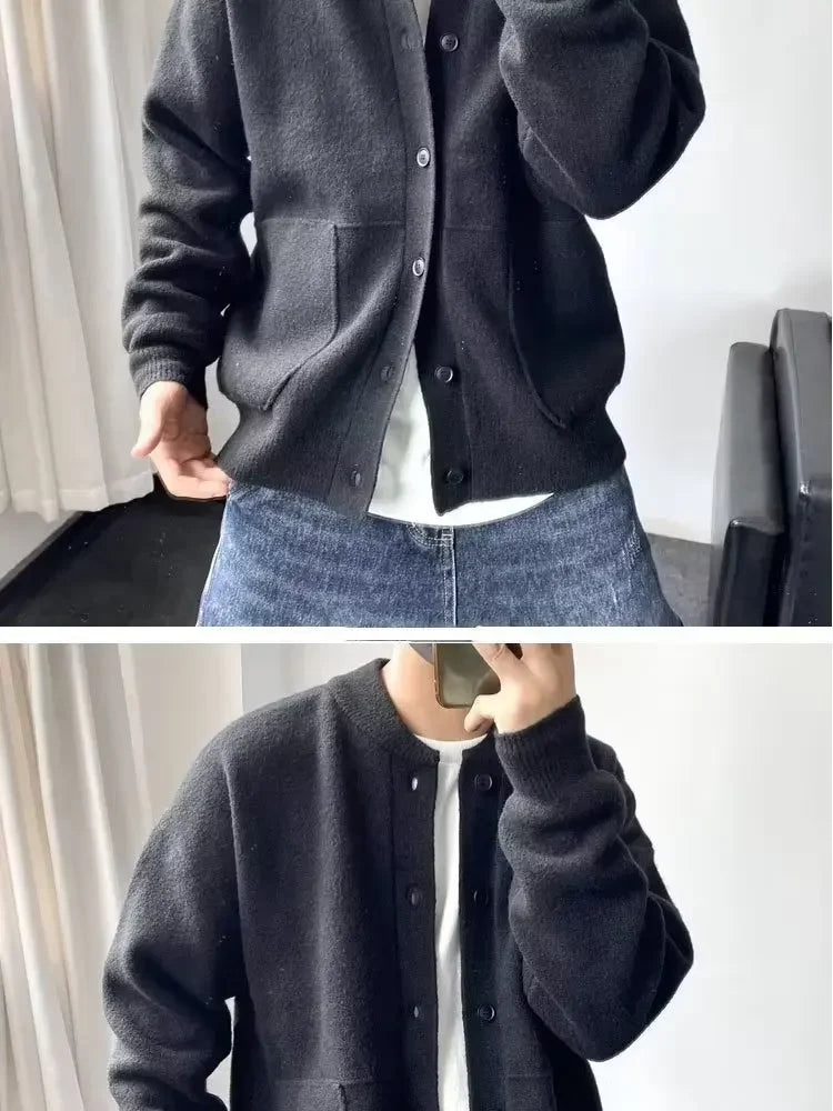 Japanese Style Men's Cardigan Sweater Knitted Top Round Neck Jacket.