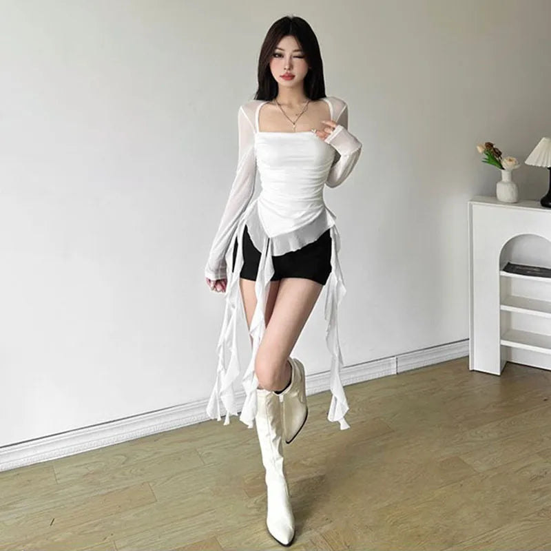 Ruffle Irregular Long Sleeve Women T Shirt Y2K Fashion Streetwear Patchwork Asymmetrical Top Korean Chic Sheer Mesh Ladies Tees