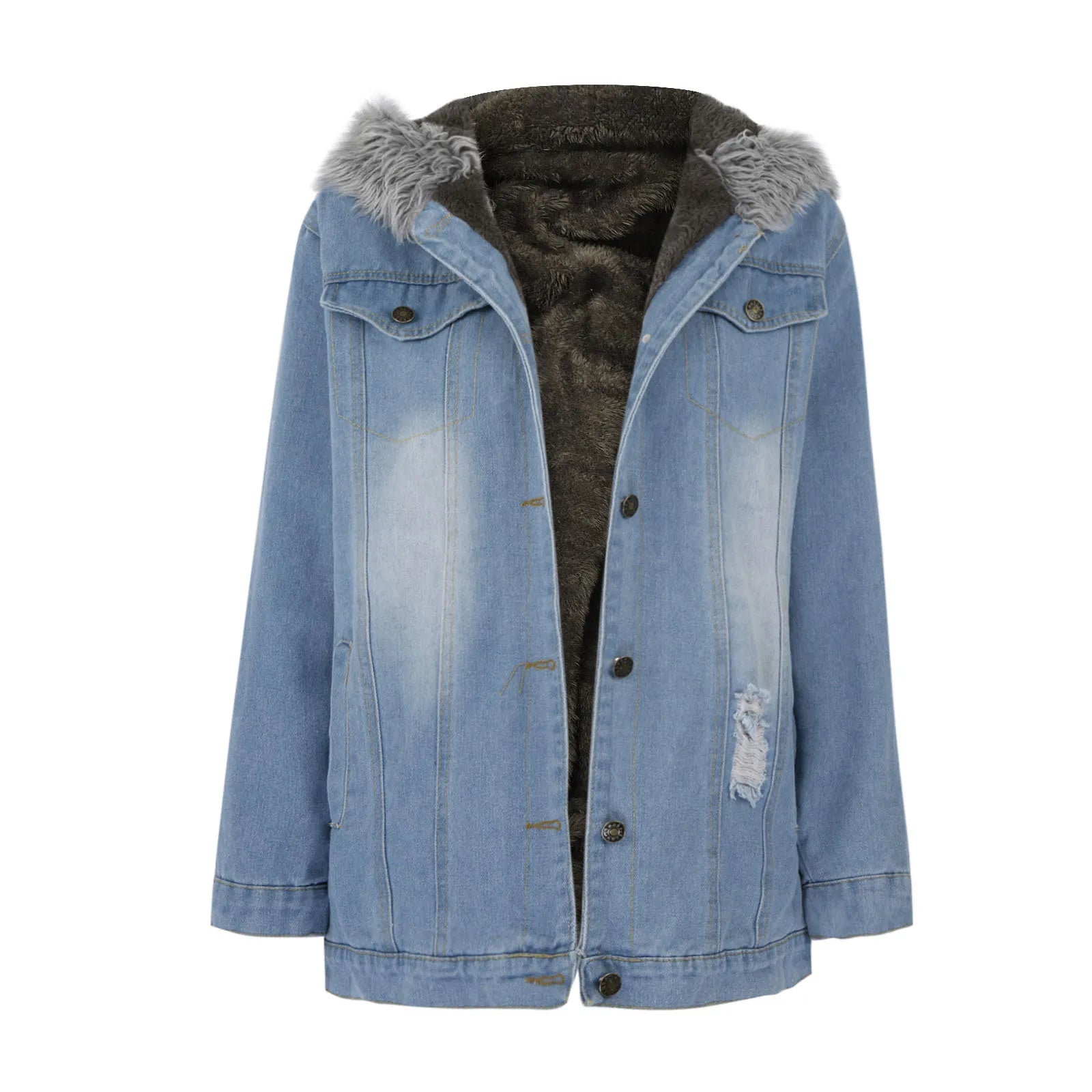 New Fashion Hooded Big Fur Collar Denim Jacket .