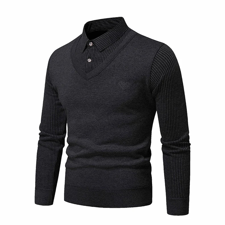 Autumn and Winter New Men's Fake Two Piece Sweater with Fleece and Slim Fit Polo Collar Knitted Bottom Shirt Thickened and Warm