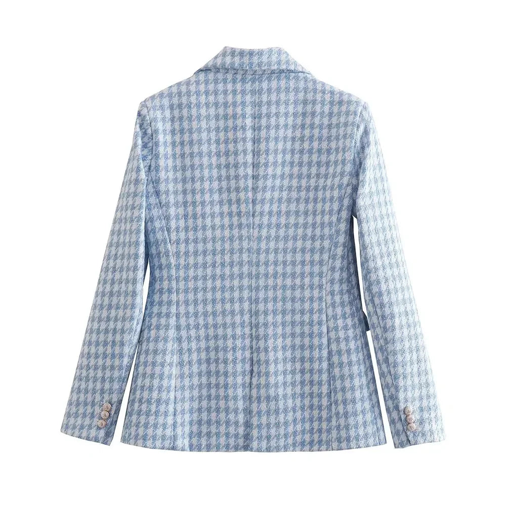 Women Fashion Houndstooth Double Breasted Tweed Blazer Coat .