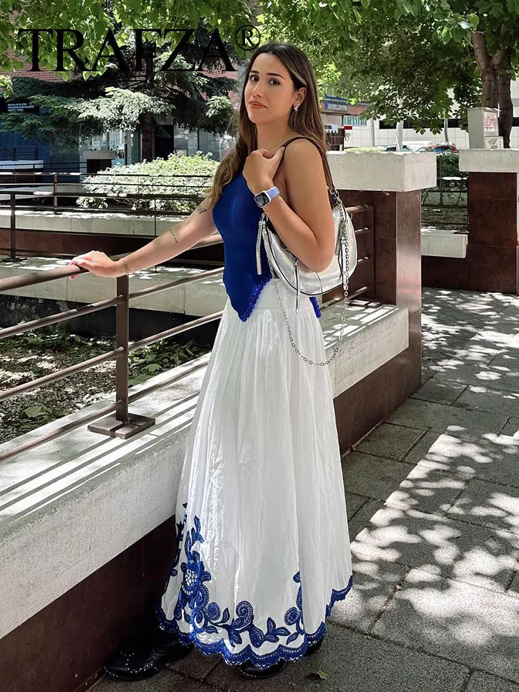 TRAFZA 2024 Woman Embroidery Print Set V Neck Casual Shirt Top + A-Line High Waist Chic Elegant Women's Pleated Long Skirt TRAF