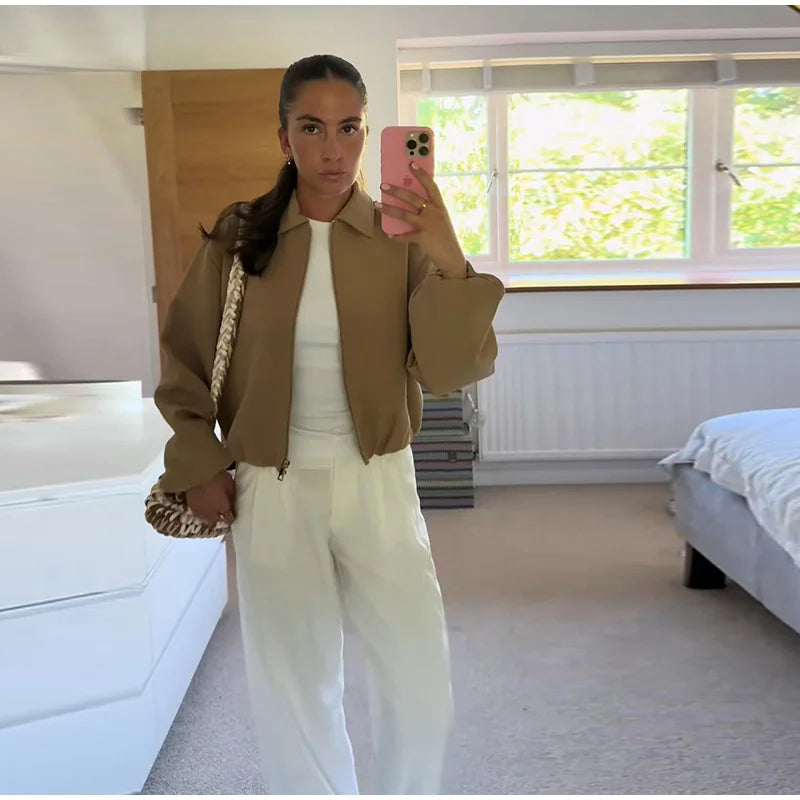 Casual Solid Zipper Lapel Short Jacket Women Long Sleeve .