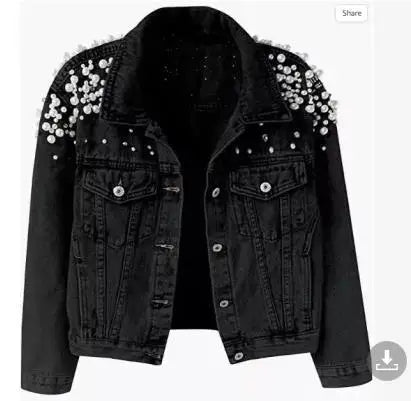 Pearl Denim Coat Women Cotton Spring Autumn Ropa Cardigan Jeans,