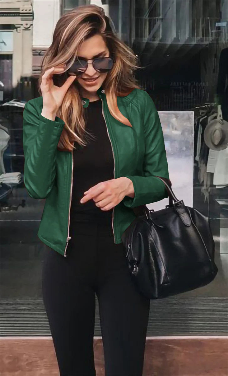 Women Cool Slim Fit Faux Leather Jacket Long Sleeve .