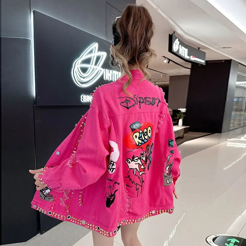 Women Graffiti Printed Rivets Denim Jacket Loose Holes Diamonds .