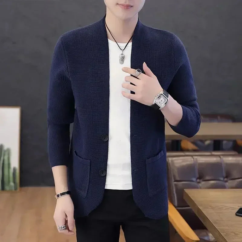 Knit Sweater Male Men's Clothing Cardigan Black Slim Fit Plain .