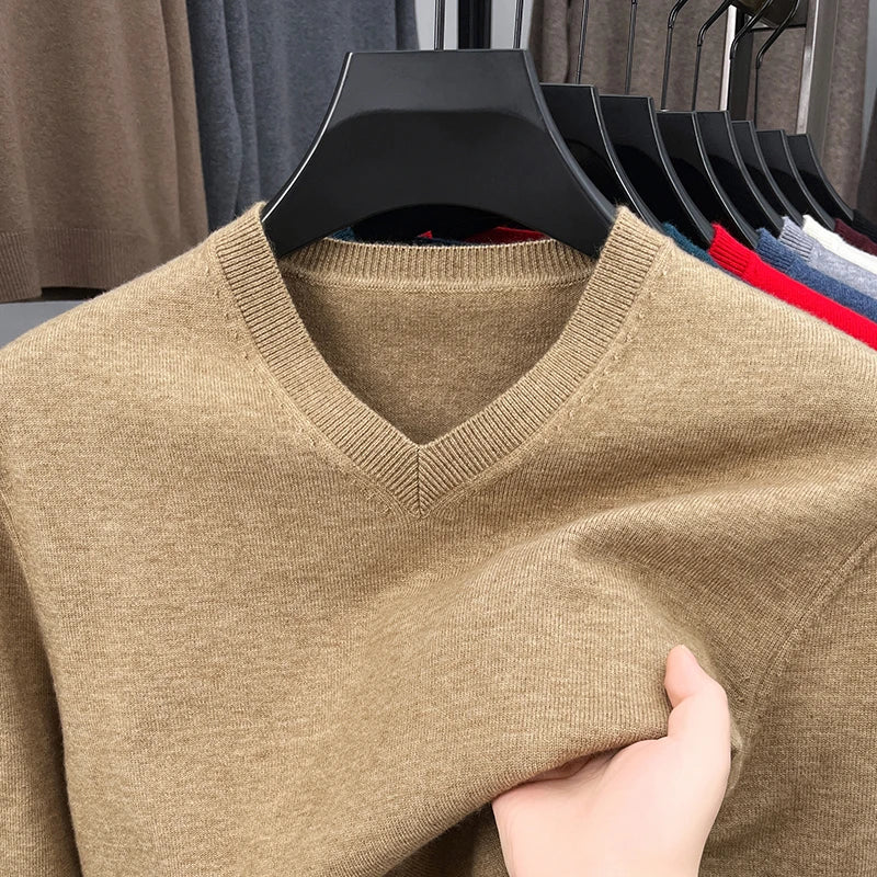 New Sweatwear Men's V Neck Basic Solid Color Sweaters Round Neck Elastic Pullovers Warm Autumn Knitted Oversized Sweater Men