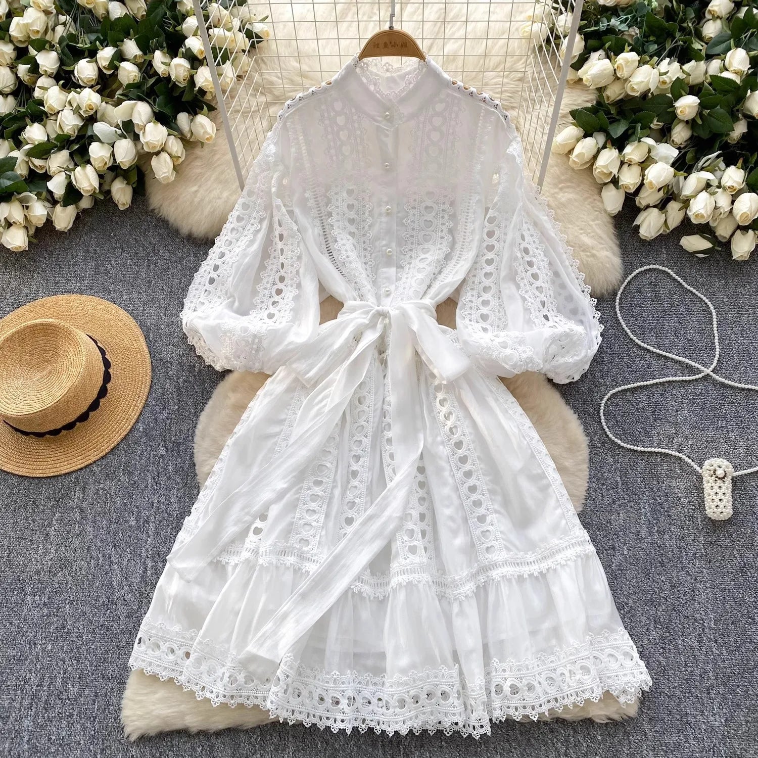 Spring Summer Embroidery Lace Stitching Hollow Out Midi Dress Women's Stand Collar Single Breasted Belt Loose Party Vestidos